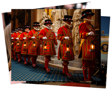 Yeoman warders take part in the ceremonial search ahead of the state opening of Parliament, at the Houses of Parliament, London, UK.