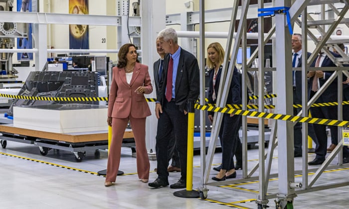 US Vice President Harris tours Artemis II and III hardware at Kennedy Space Center, with NASA officials. The launch of the Artemis I rocket that was scheduled for today was scrubbed.