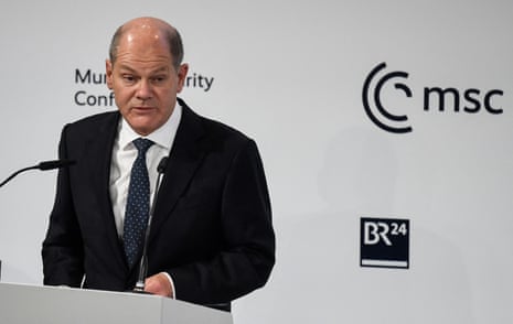German chancellor Olaf Scholz delivers a speech at the Munich Security Conference.