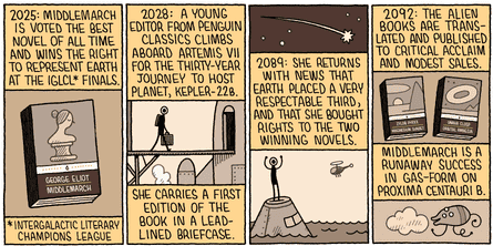 A cartoon strip about Middlemarch being the best novel of all time and being in the top 3 in out space.