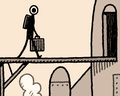 Illustration of a woman walking across a ramp into a space rocket