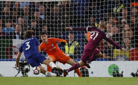 Silva’s shot is blocked by Chelsea’s Marcos Alonso.