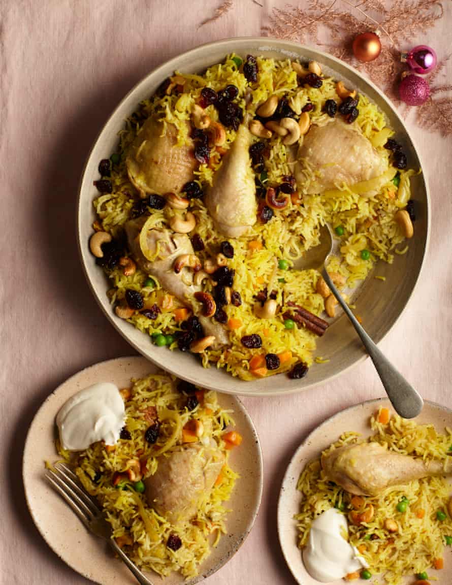 Nik Sharma’s roast chicken pulao with cranberries, raisins and spice.