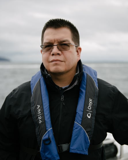 Lawrence Solomon, secretary of the Lummi Business Council, poses for a portrait aboard King County’s SoundGuardian following a Lummi ceremony looking for ancestral guidance as well as honoring the qwe ‘lhol mechen, commonly known as orca whales, in Puget Sound, on Wednesday, April 10, 2019 in Washington.