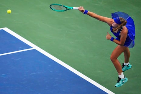 Mirra Andreeva serves to Janice Tjen during her straight sets victory.