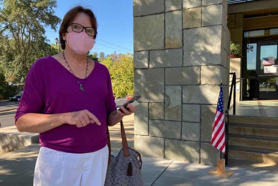 Janet Webb, 69, stands outside the Veterans Memorial building in Lafayette, California, after voting to recall Gavin Newsom on Tuesday.