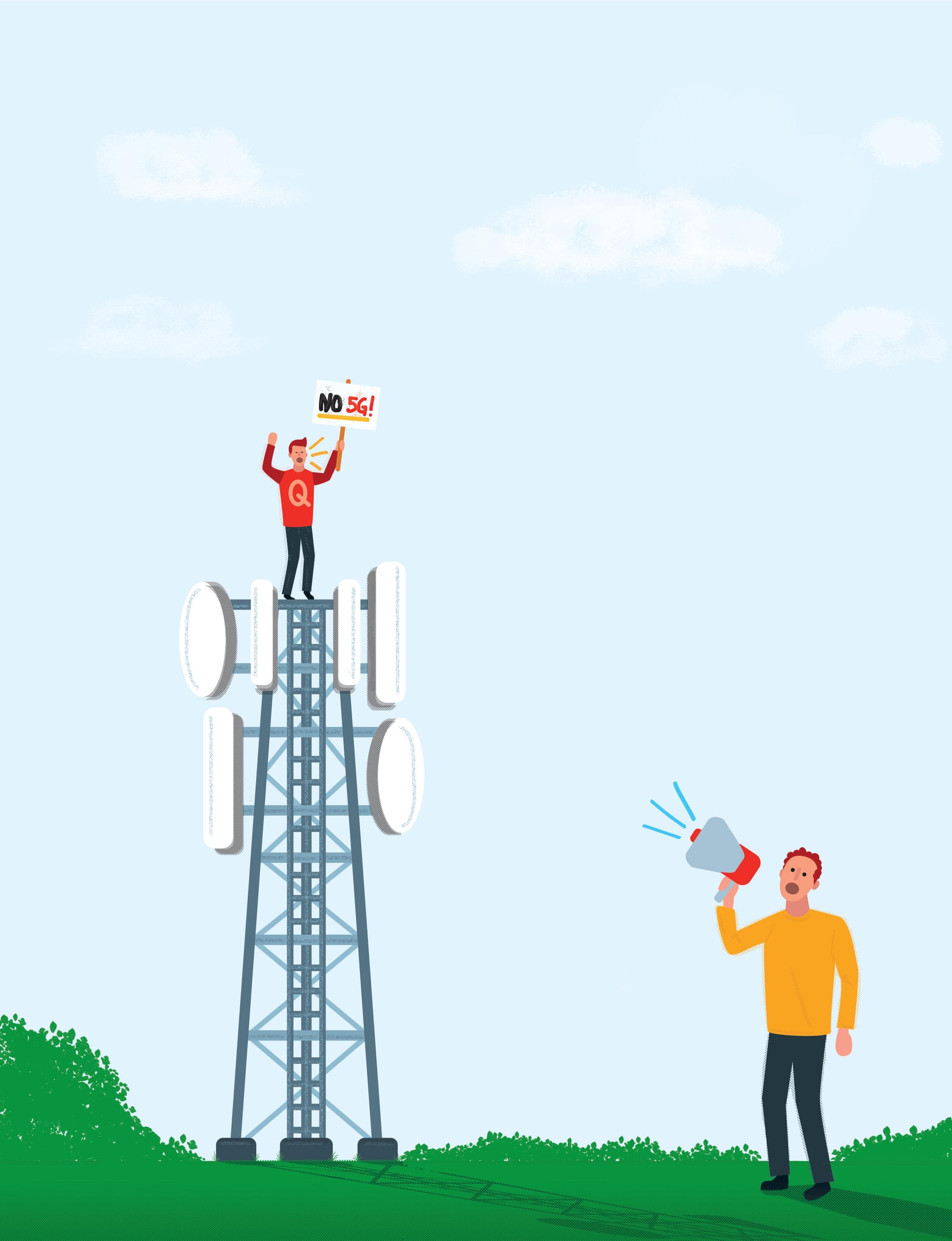 Illustration by James Melaugh of a man with a megaphone calling to a man on top of a 5G mast.
