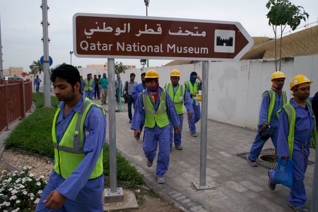 Labourers on their way to work at Qatar’s national museum.