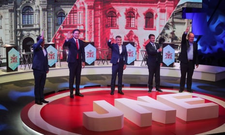Peru’s presidential candidates Yonhy Lescano, Daniel Salaverry, Julio Guzman, Rafael Santos and Rafael López Aliaga on stage after participating in a debate in Lima on 31 March. 