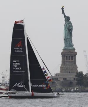 The Malizia II, with Greta Thunberg on board, arrives in Hudson Harbor, New York.