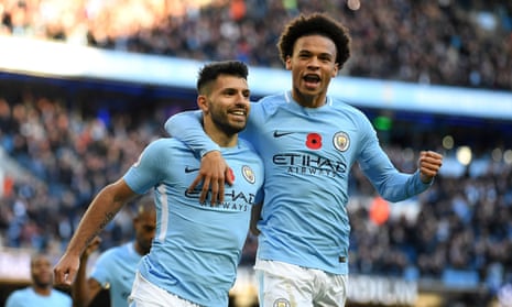 Sergio Agüero, left, and Leroy Sané have helped Manchester City open an eight-point gap at the top of the Premier League by winning 10 of their first 11 games.