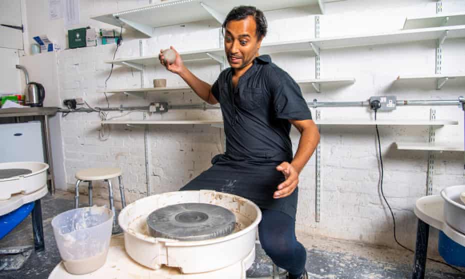 Samadder tries throwing a pot on a wheel, at the Kiln Rooms in Peckham, south-east London.