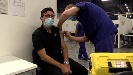 Andy Burnham receiving his second dose of the Oxford AstraZeneca earlier today at the vaccine clinic at the Etihad stadium.