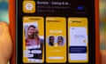 Download window for the Bumble app is shown on an Apple iPhone, with graphic depicting three stages of the dating experience including photo of a smiling woman