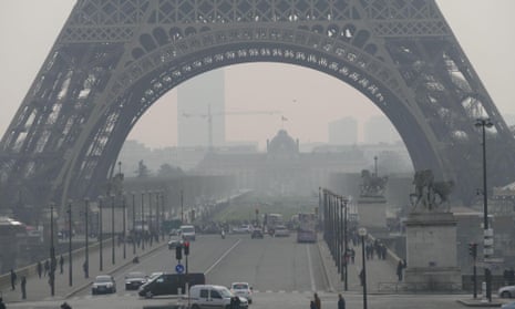 Smog by the Eiffel Tower in Paris, France. On Wednesday, pollution levels were at 90 out of 100 on an air quality index.