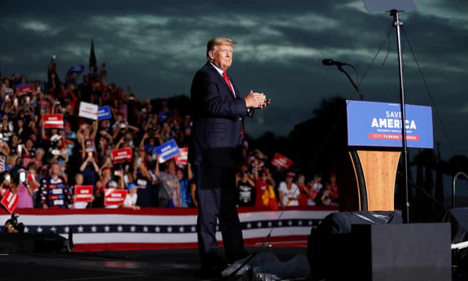 Former President Donald Trump speaks to his supporters during the Save America Rally in Sarasota, Florida.