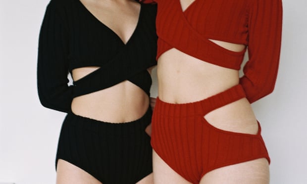 Two models in Marieyat lingerie, red and black