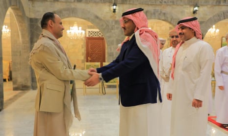 Mahdi al-Mashat (l), the chair of the Houthis’ political council, meets Muhammad al-Jaber, the Saudi ambassador to Yemen, in Sana’a on Saturday