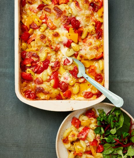 Rukmini Iyer's baked gnocchi with tomatoes, peppers and mozzarella.