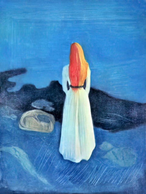 The rear view of a girl standing on a jetty