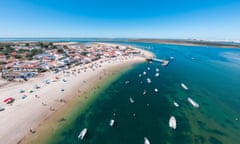 Aerial view of Armona Island, Ria Formosa, Algarve, Portugal.<br>Drone view.