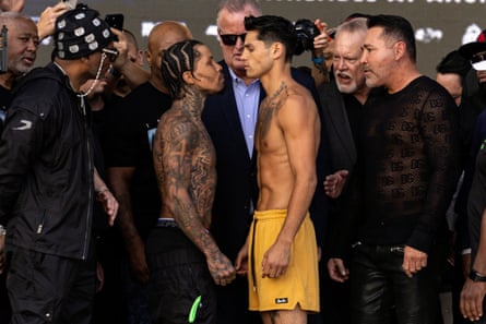Ryan Garcia (right) and Gervonta Davis face off following their weigh-in at the T-Mobile Arena in Las Vegas on Friday.