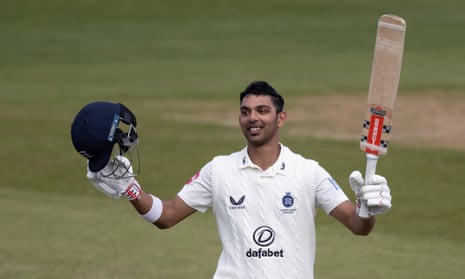 Nathan Fernandes of Middlesex acknowledges the applause on reaching his maiden first class century.