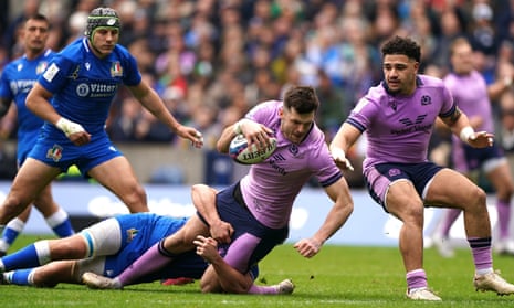 Scotland's Blair Kinghorn scores his side's second try of the game during the Six Nations match against Italy.