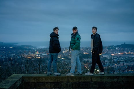 Three young men, Charlie, 17, and Keane, 19, from Eastfield, and Jack, 17, from Scarborough on Oliver’s Mount, Scarborough, at dusk.