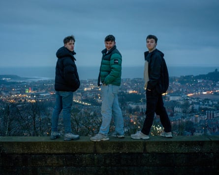 From left, Charlie, 17, and Keane, 19, from Eastfield, and Jack, 17, from Scarborough, on Oliver’s Mount, overlooking Scarborough