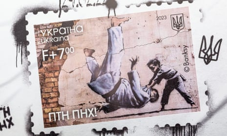 The stamp depicting Banksy’s mural of a child judoka throwing a grown man