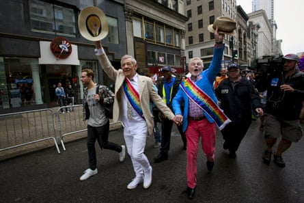 Jacobi with Ian McKellen (second left) as grand marshals at the New York City Pride march.