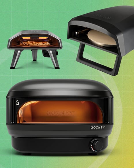 Three different portable pizza ovens displayed on green background