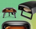 Three different portable pizza ovens displayed on green background