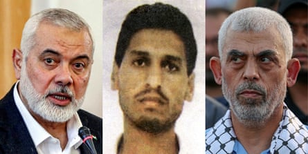 A composite picture of Ismail Haniyeh, Mohammed Deif and Yahya Sinwar