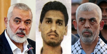 A composite picture of Ismail Haniyeh, Mohammed Deif and Yahya Sinwar