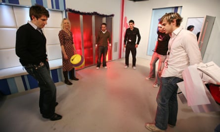 Presenters Andy Goldstein and Helen Chamberlain indulge in some keepy-uppies with the crew before the 2007 Christmas show