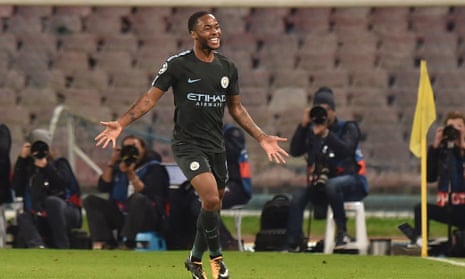 Raheem Sterling celebrates after scoring Manchester City’s fourth goal in the Champions League game at Napoli.