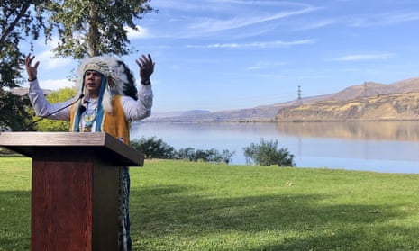 JoDe Goudy, chairman of the Yakama Nation, speaks in front of the Columbia river near the Dalles dam in October 2019. Construction of the dam destroyed Celilo Falls, an ancient salmon fishing site, in the 1950s.