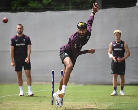 Shoaib Bashir bowls during an England nets session at Adelaide Oval