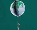 Illustration of a person holding on to a giant balloon that looks like the Earth