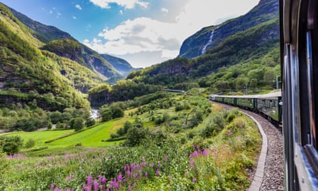 View of mountains and green fields from the Flåm railway, Norway