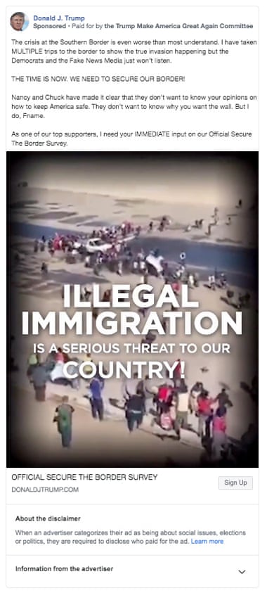 Screengrabs of Facebook ads run by Donald Trump using white nationalist language about an “invasion” of immigrants
