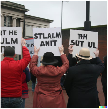 “a street protest in belfast” generated by DALL•E 2