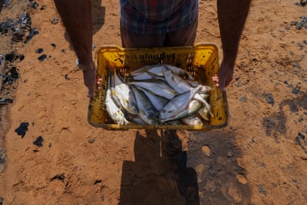 A fisher holds out oil covered fresh fish that were caught in Maracaibo Lake, in the San Francisco municipality in Maracaibo.