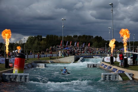 Monica Doria Vilarrubla of Andorra crosses the finish line in the women’s canoe final during day four of the ICF Canoe Slalom World Championships 2023 at the Lee Valley White Water Centre.