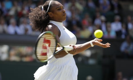 Serena Williams fires a forehand against Elena Vesnina.