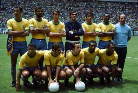 The Brazilian team line-up before kick off against England in the 1970 World Cup in Guadalajara, Mexico.