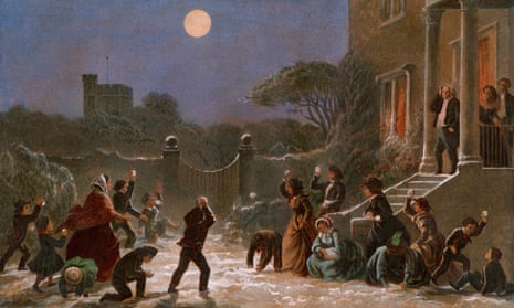 Painting showing both adults and children throwing snowballs in the street outside a large and stately house, by the light of a full moon