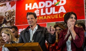 Workers’ party candidate Fernando Haddad alongside vice-presidential candidate Manuela Davila.